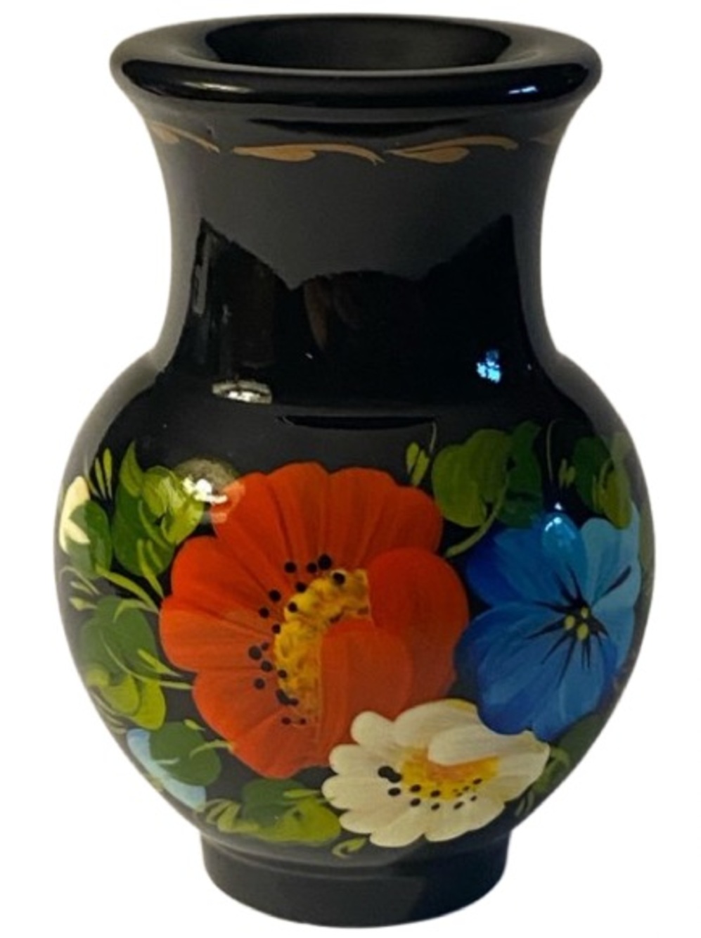 Hand-Painted Wooden Lacquered Black Floral Accent Small Vase Ukrainian Folk Art